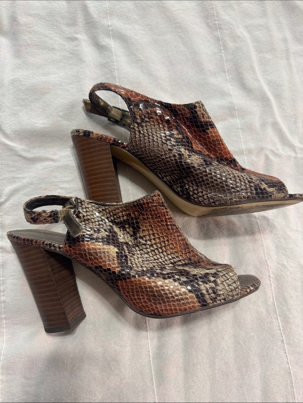 Bandalino Snake-Print Peep-Toe Slingback Heels in Brown